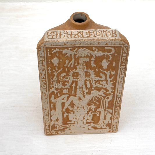 Vintage 1970’s Mexican Pottery Relief Vase | Mayan Aztec Style Studio Ceramic Vessel