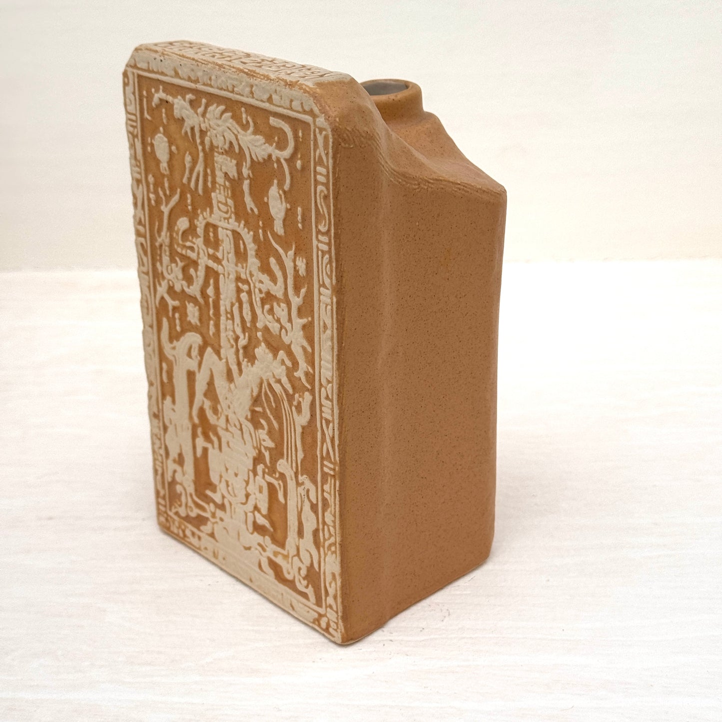 Vintage 1970’s Mexican Pottery Relief Vase | Mayan Aztec Style Studio Ceramic Vessel