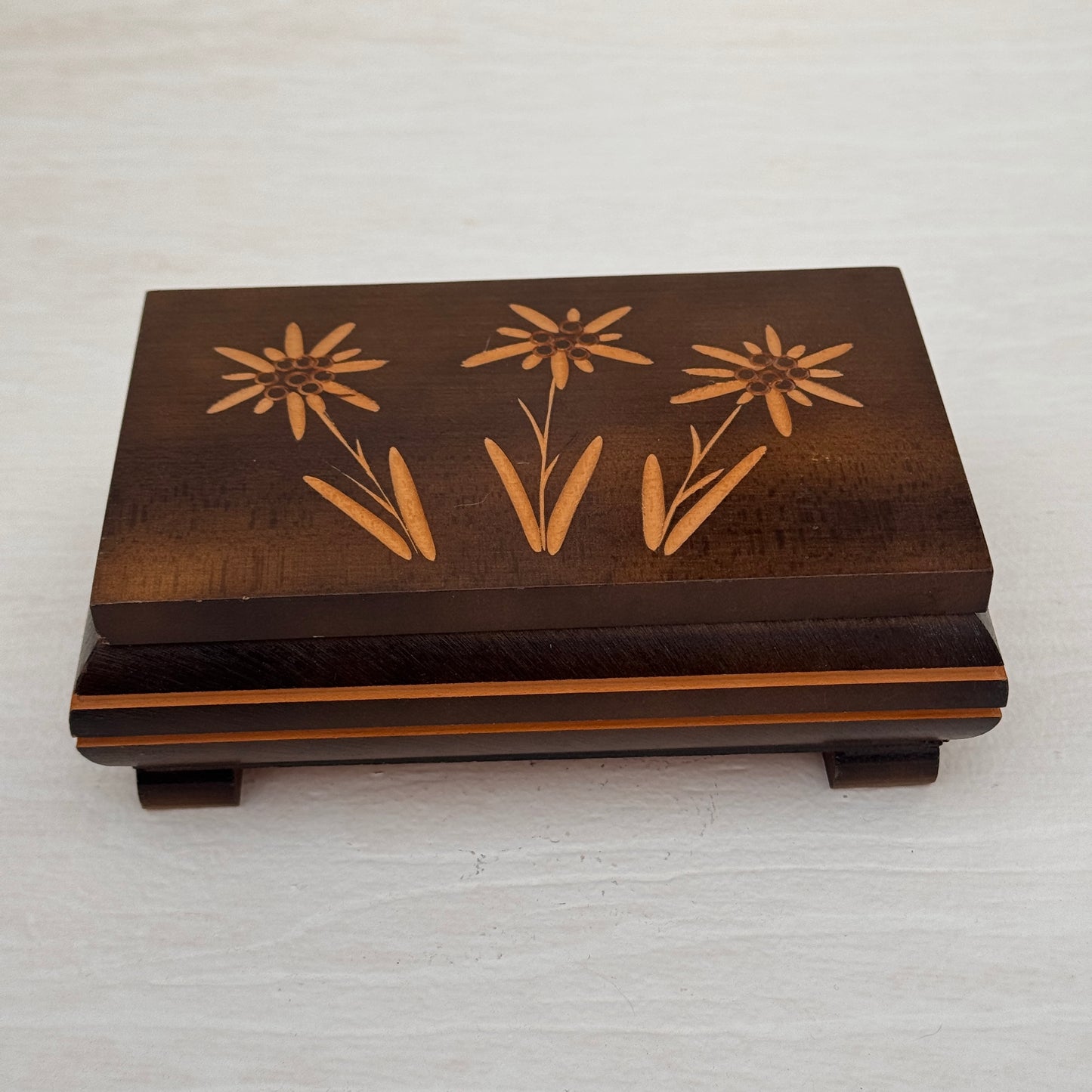 Vintage Reuge Swiss Music Box Edelweiss Wood Inlay Floral Jewelry Box