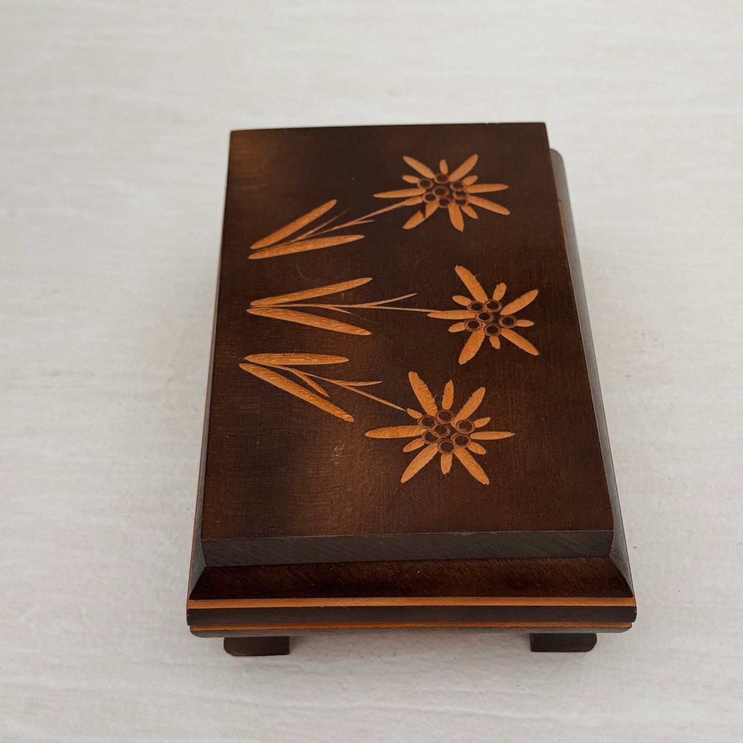 Vintage Reuge Swiss Music Box Edelweiss Wood Inlay Floral Jewelry Box