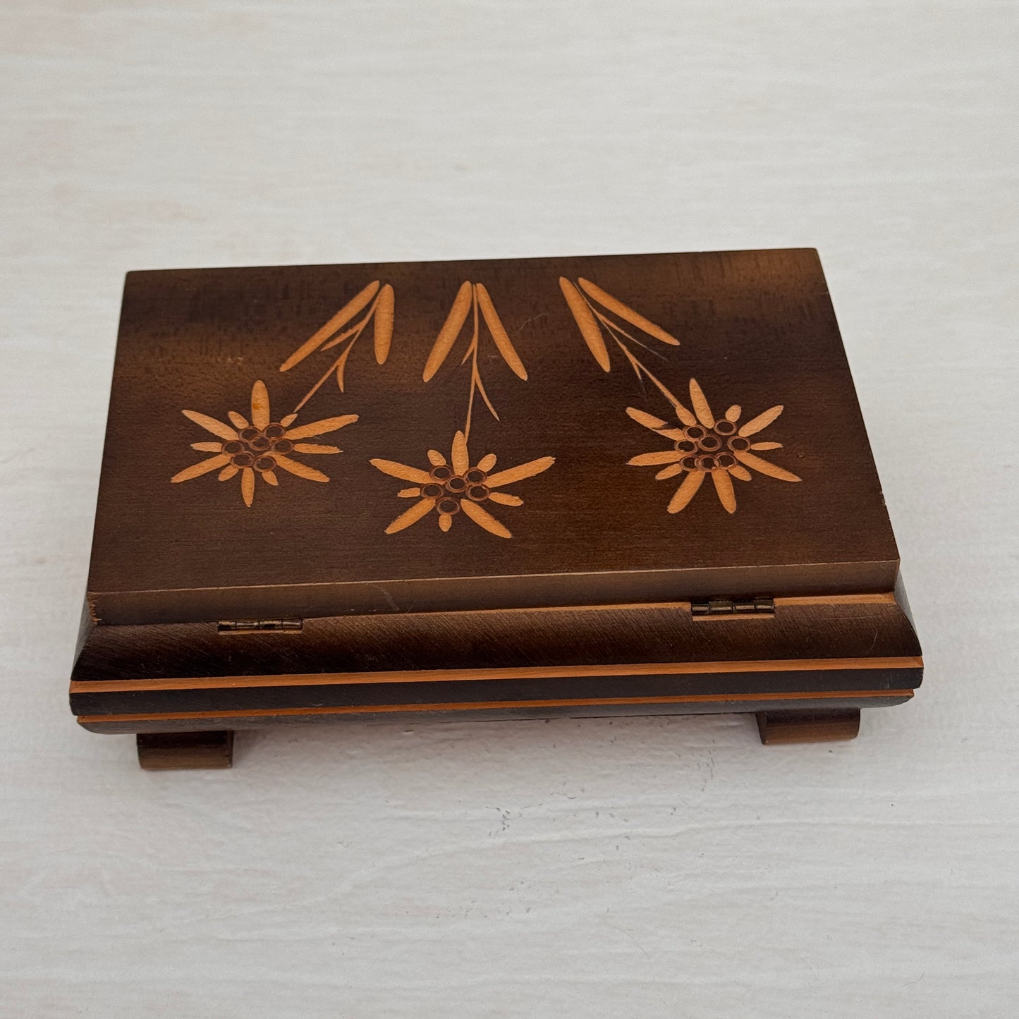 Vintage Reuge Swiss Music Box Edelweiss Wood Inlay Floral Jewelry Box