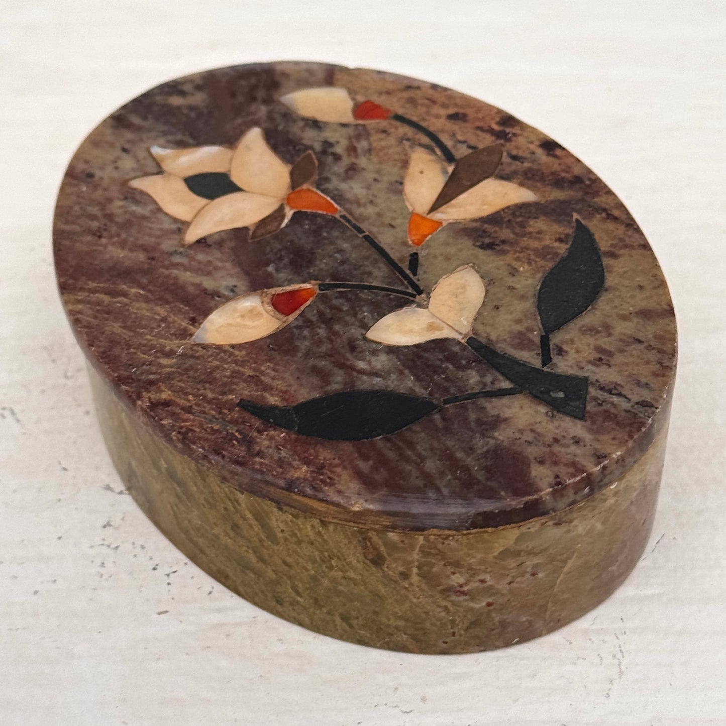 Vintage Soapstone Trinket Box with Floral Stone Inlay Oval Lidded Keepsake Box