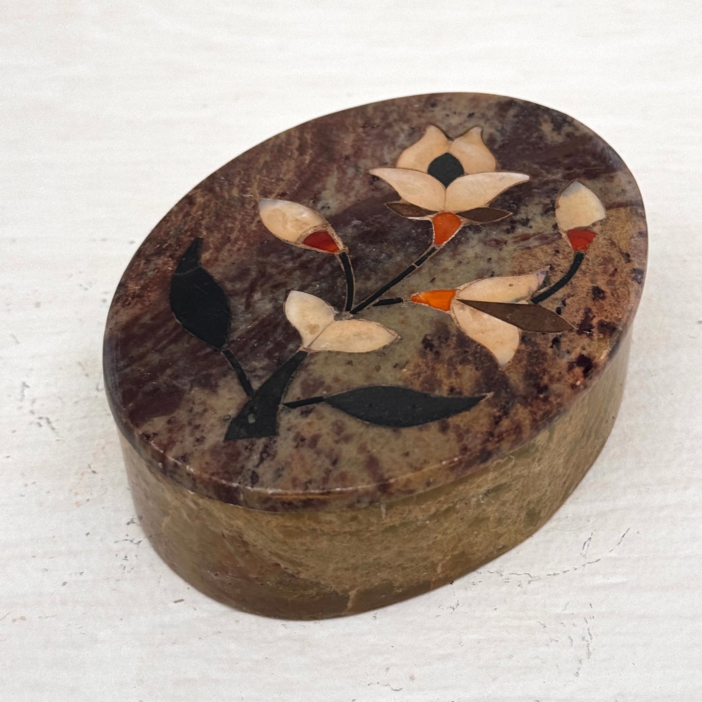 Vintage Soapstone Trinket Box with Floral Stone Inlay Oval Lidded Keepsake Box