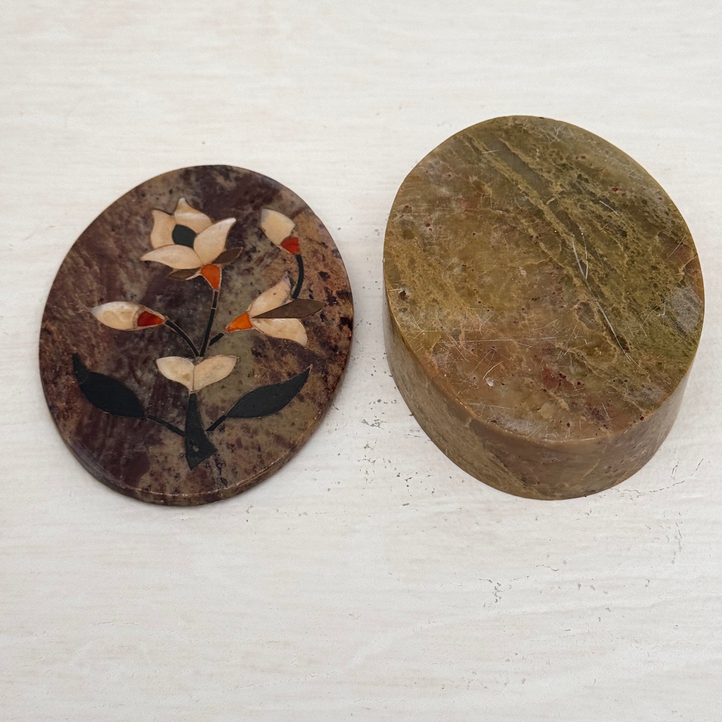 Vintage Soapstone Trinket Box with Floral Stone Inlay Oval Lidded Keepsake Box