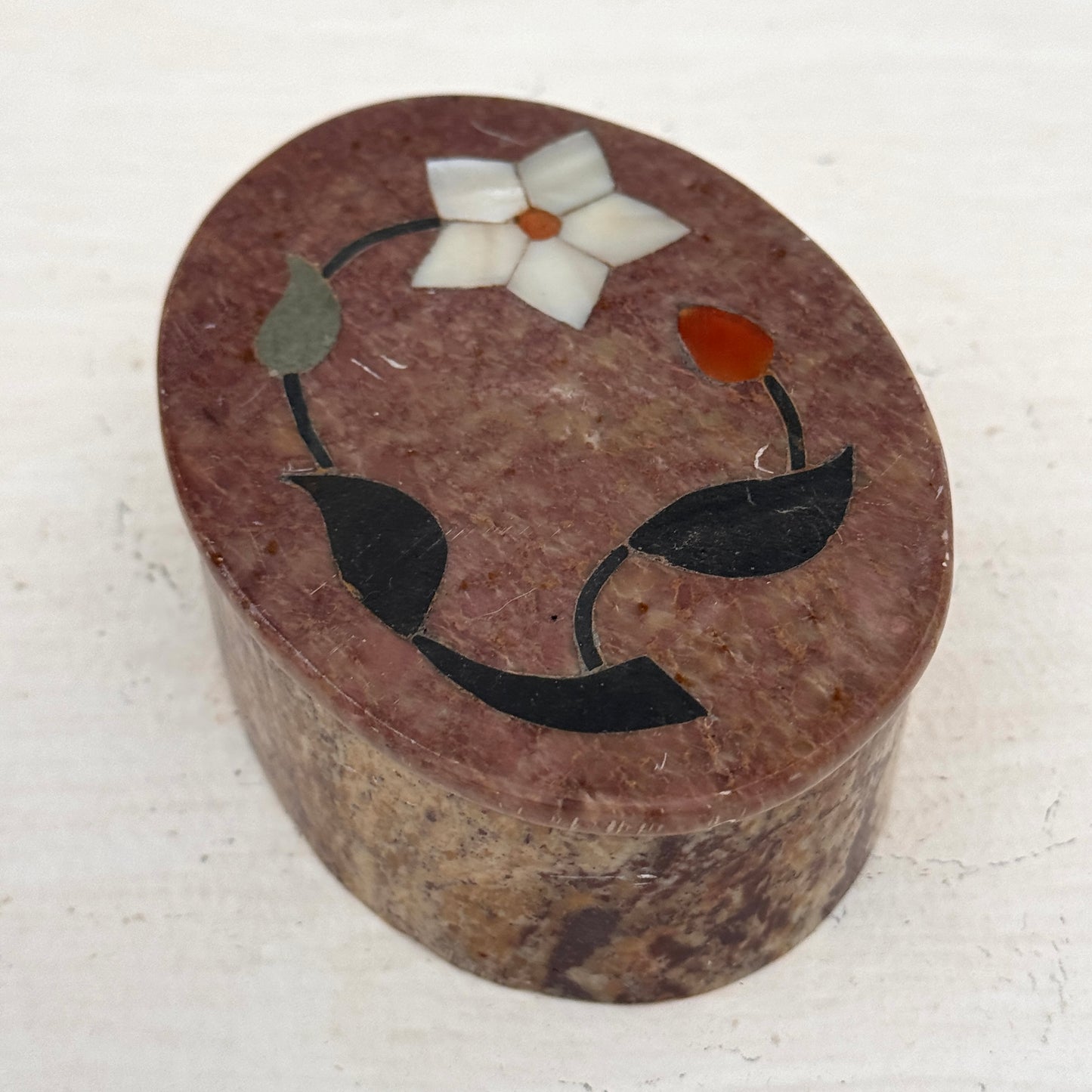 Vintage Indian Soapstone Trinket Box with Floral Inlay Small Oval Keepsake Holder