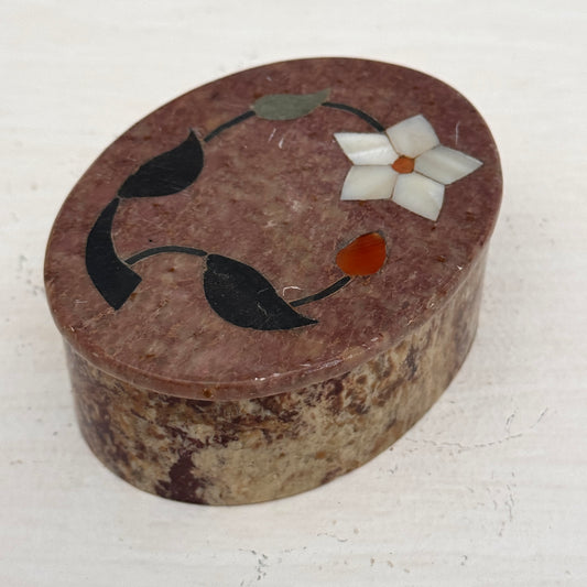 Vintage Indian Soapstone Trinket Box with Floral Inlay Small Oval Keepsake Holder