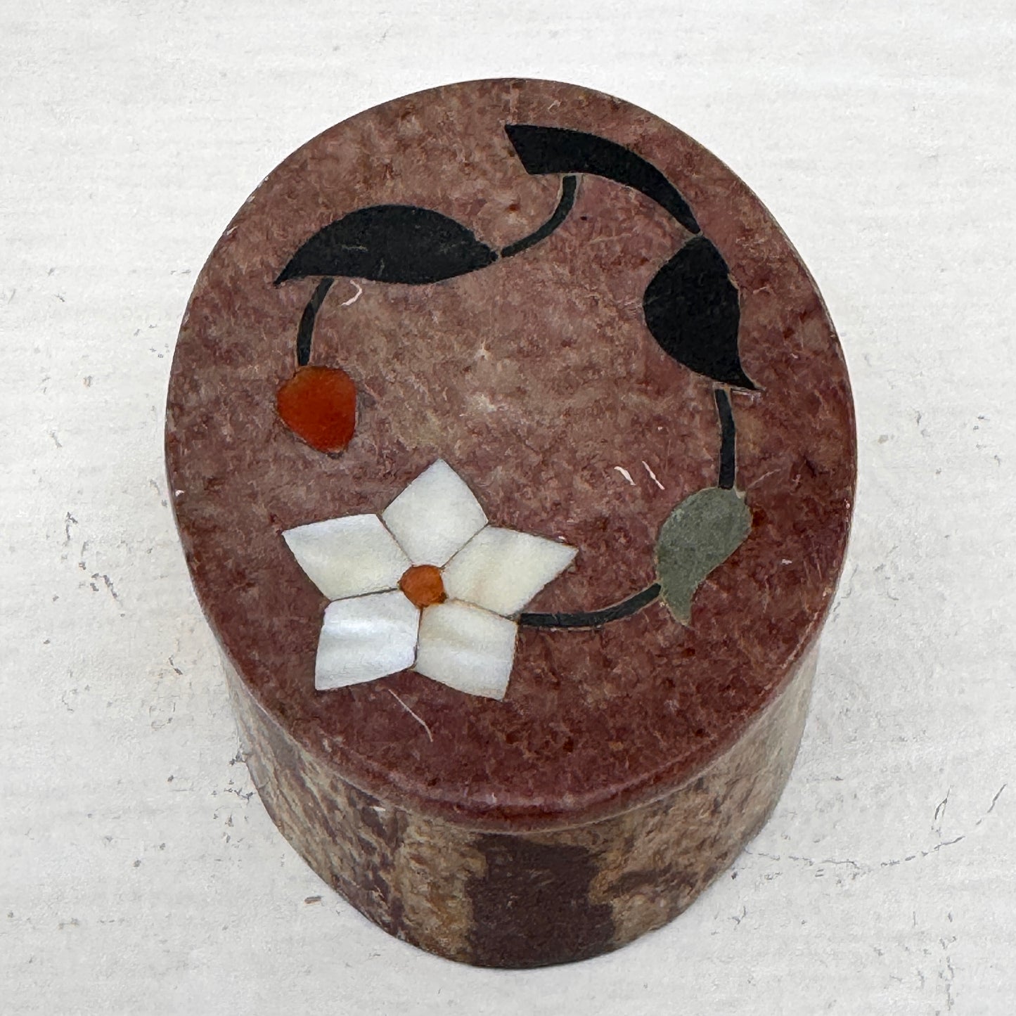 Vintage Indian Soapstone Trinket Box with Floral Inlay Small Oval Keepsake Holder