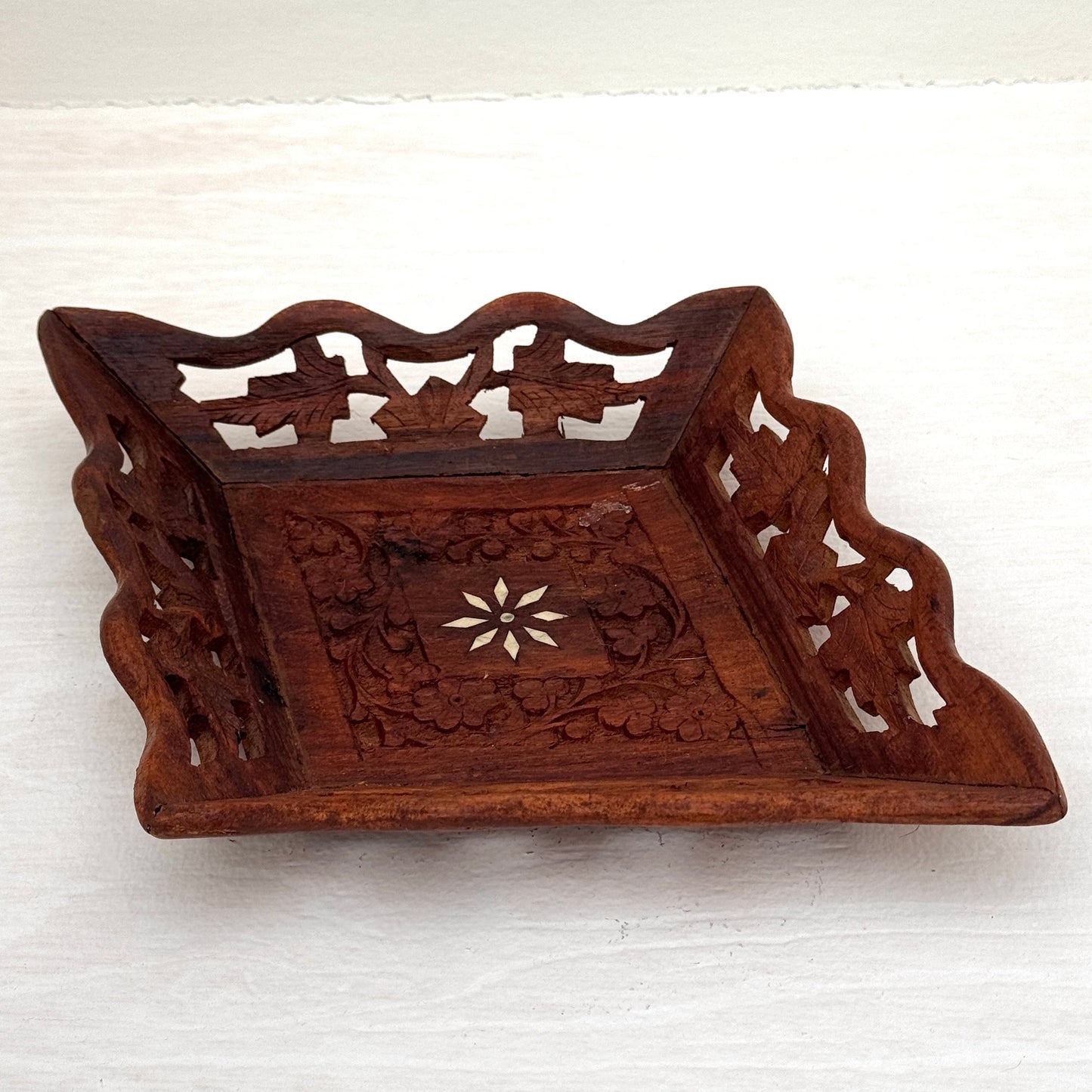 Vintage Hand Carved Indian Wood Tray with Bone Inlay Floral Dish