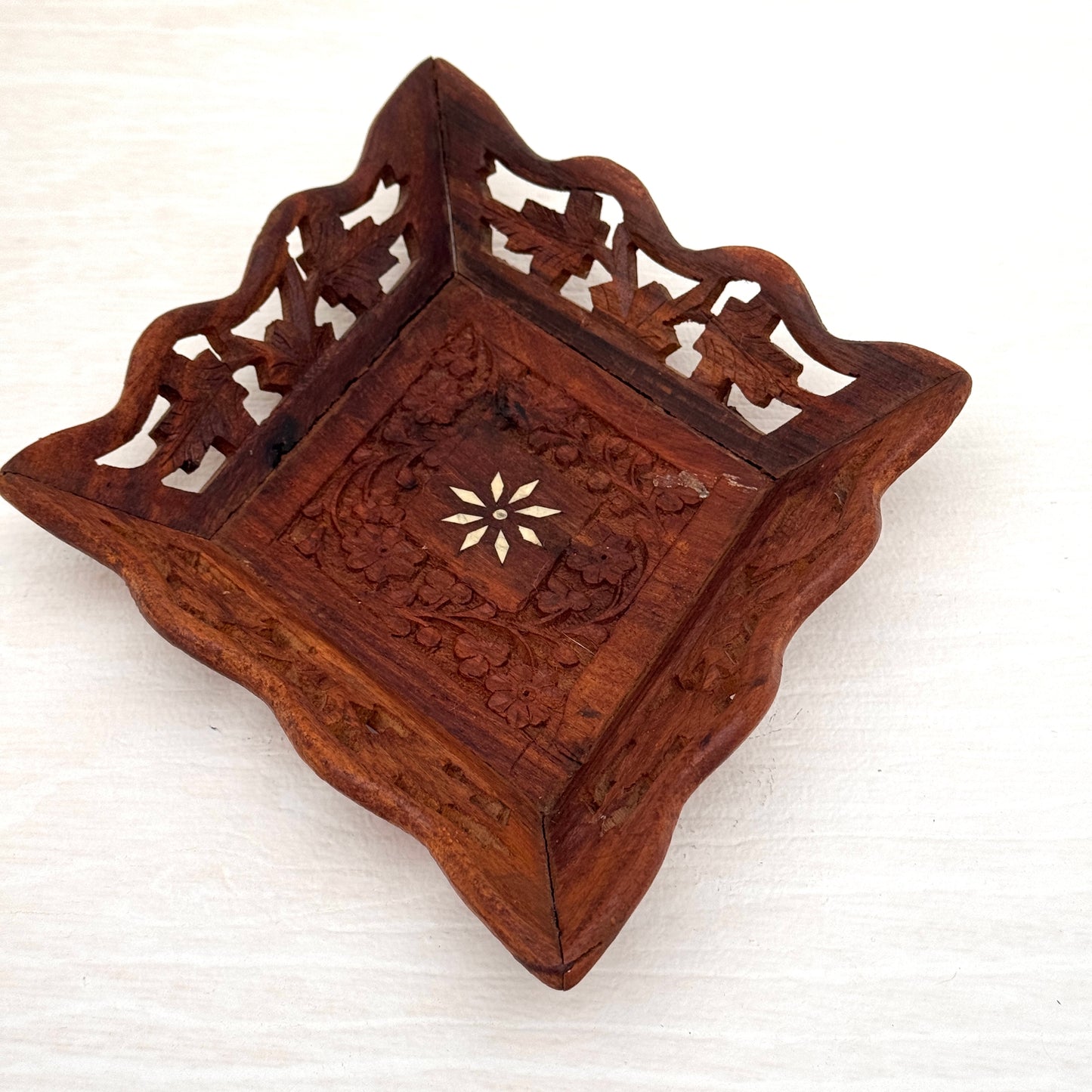 Vintage Hand Carved Indian Wood Tray with Bone Inlay Floral Dish