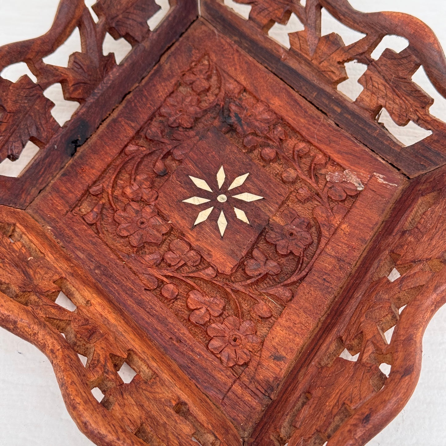 Vintage Hand Carved Indian Wood Tray with Bone Inlay Floral Dish
