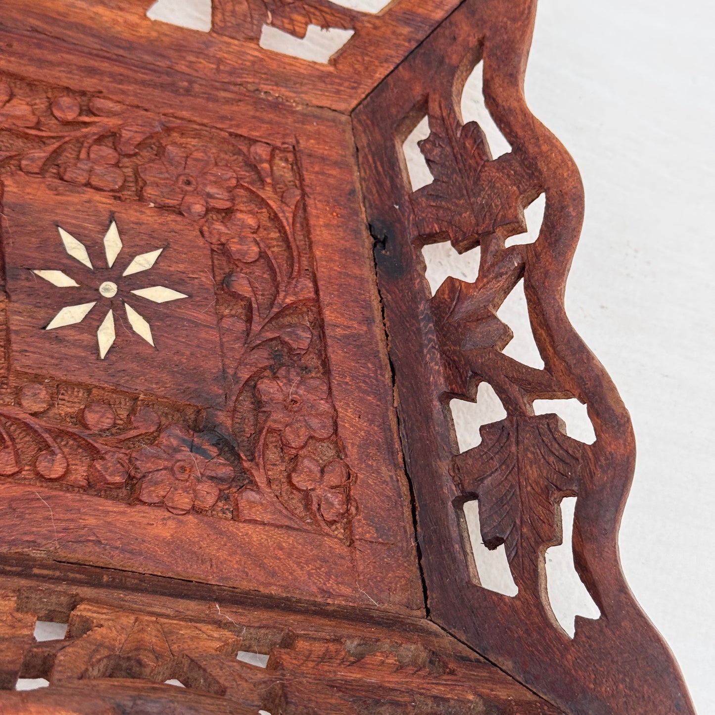 Vintage Hand Carved Indian Wood Tray with Bone Inlay Floral Dish