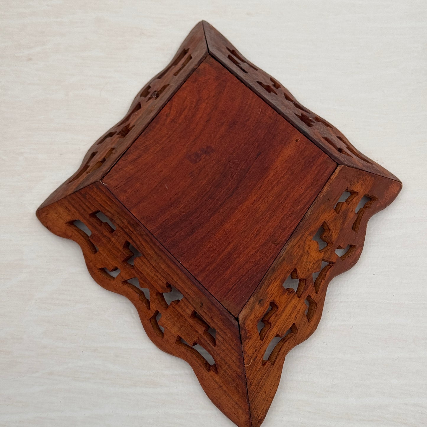 Vintage Hand Carved Indian Wood Tray with Bone Inlay Floral Dish