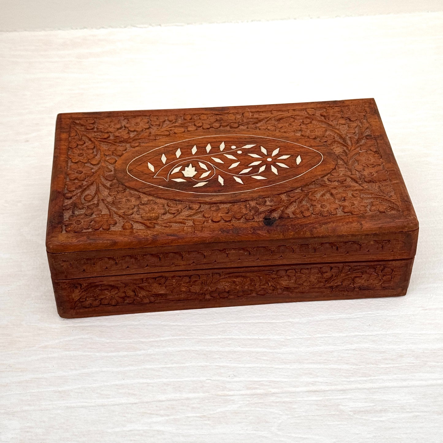 Vintage Hand Carved Wooden Jewelry Box with Bone Inlay Floral Trinket Box Made in India