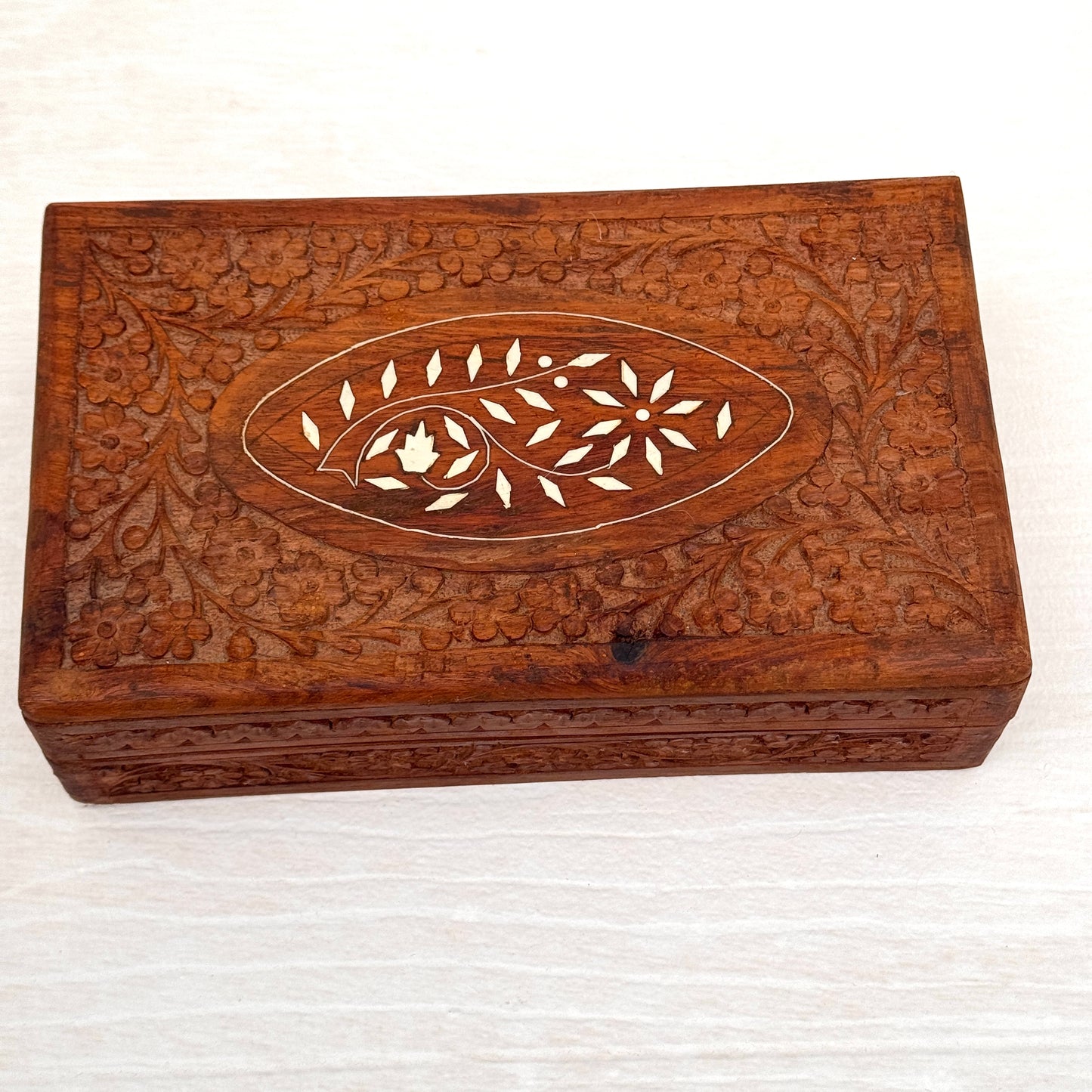 Vintage Hand Carved Wooden Jewelry Box with Bone Inlay Floral Trinket Box Made in India