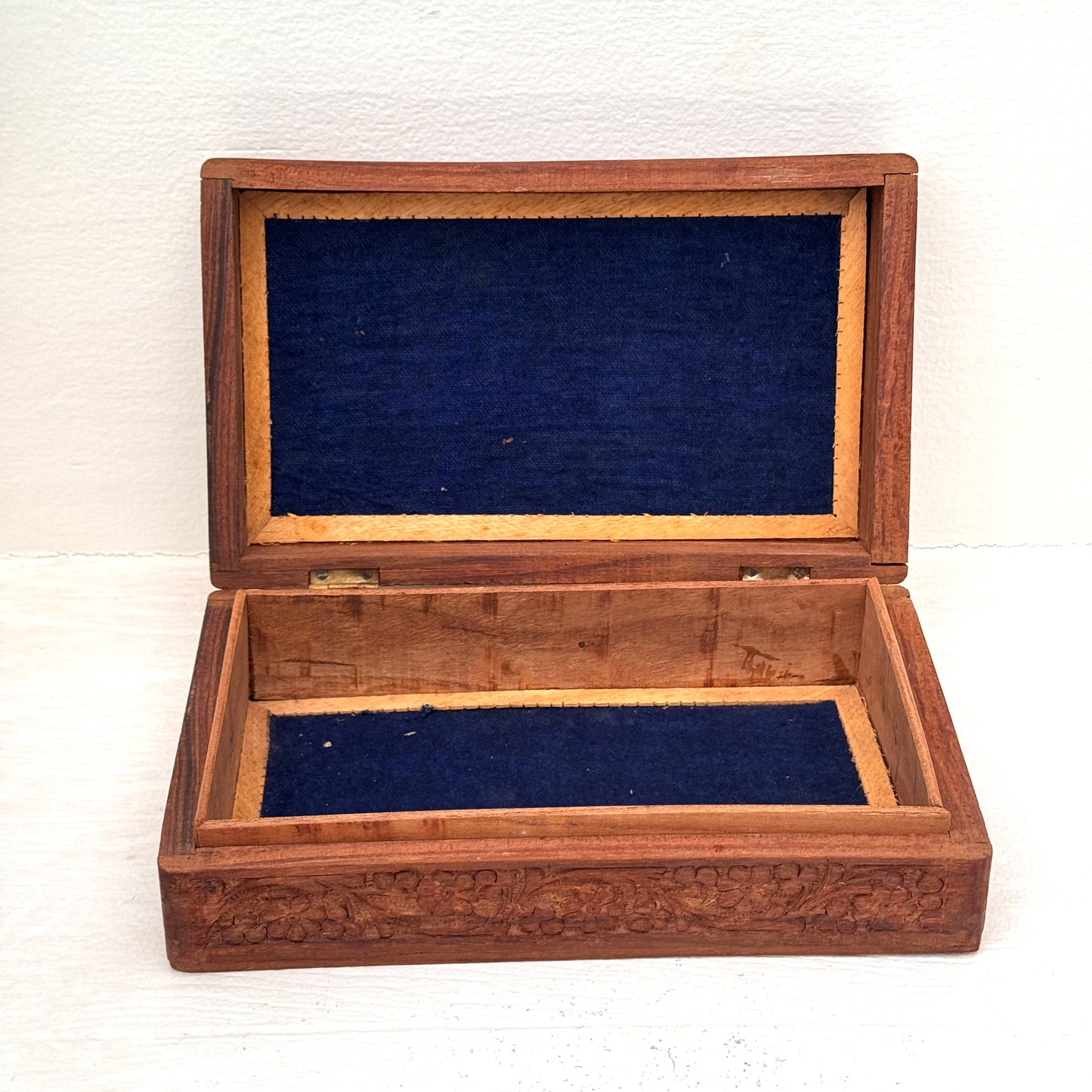 Vintage Hand Carved Wooden Jewelry Box with Bone Inlay Floral Trinket Box Made in India