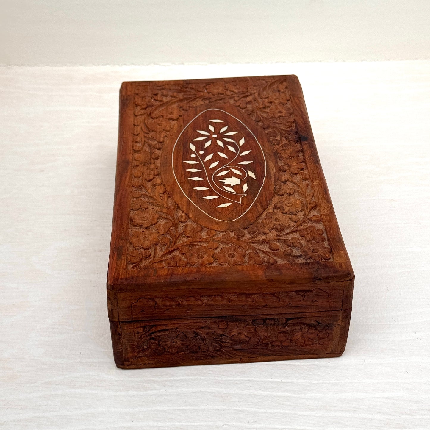 Vintage Hand Carved Wooden Jewelry Box with Bone Inlay Floral Trinket Box Made in India