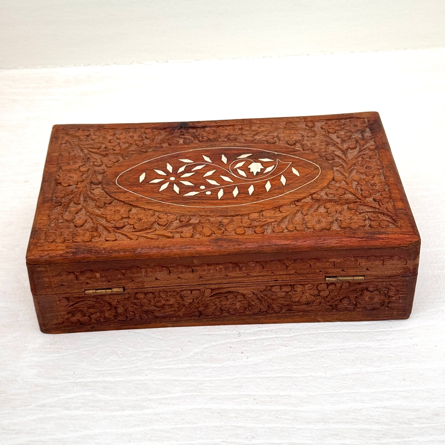 Vintage Hand Carved Wooden Jewelry Box with Bone Inlay Floral Trinket Box Made in India