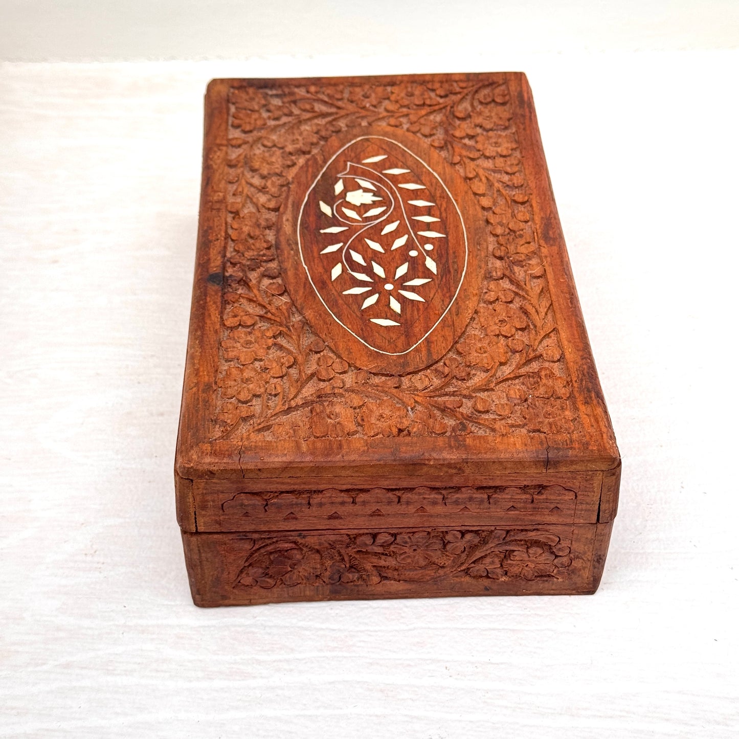 Vintage Hand Carved Wooden Jewelry Box with Bone Inlay Floral Trinket Box Made in India