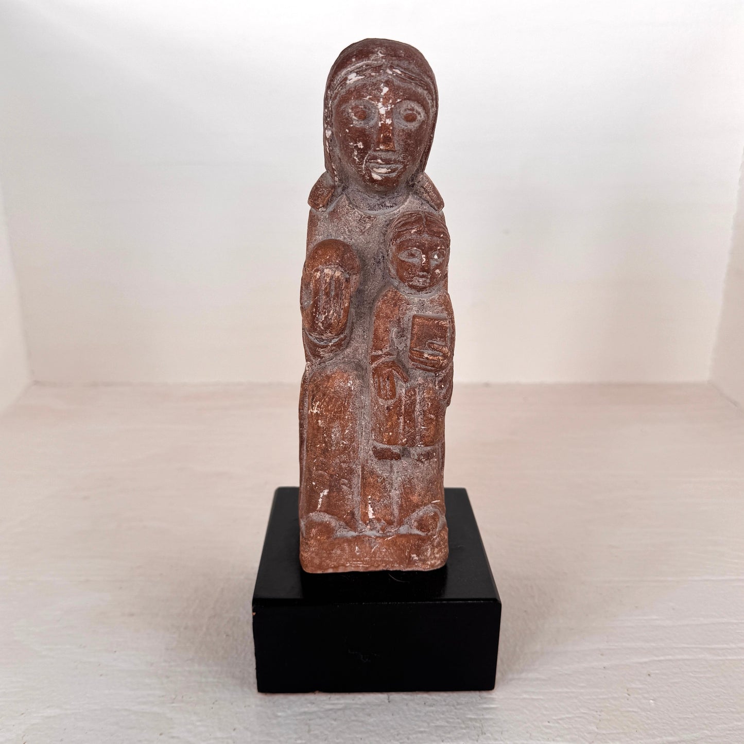 Vintage Aztec Style Mother & Child Statue – Hand Carved Look – Rustic Terracotta Figurine on Base