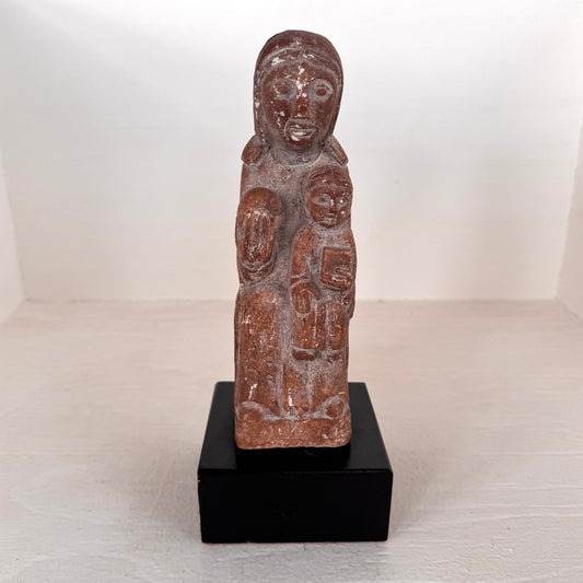 Vintage Aztec Style Mother & Child Statue – Hand Carved Look – Rustic Terracotta Figurine on Base