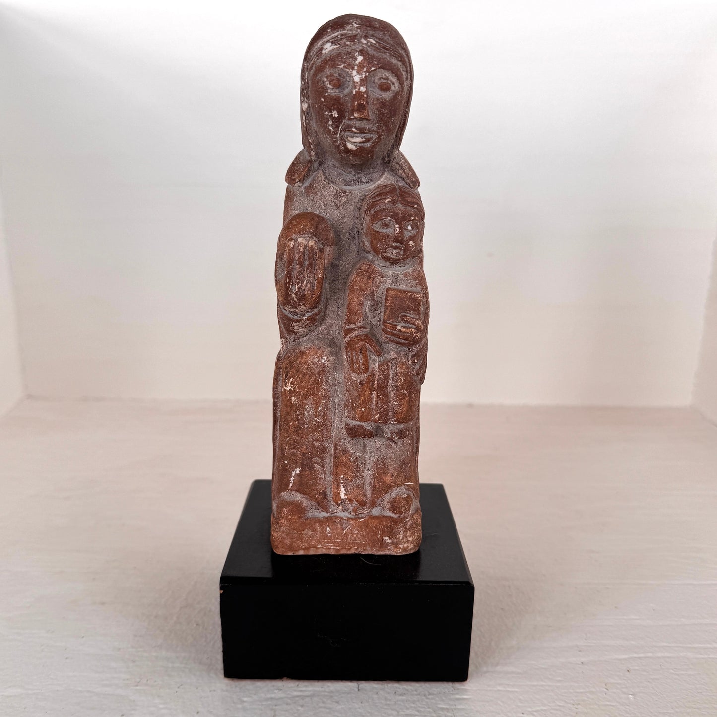 Vintage Aztec Style Mother & Child Statue – Hand Carved Look – Rustic Terracotta Figurine on Base