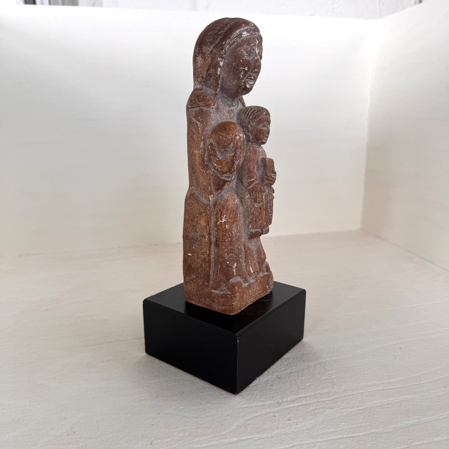 Vintage Aztec Style Mother & Child Statue – Hand Carved Look – Rustic Terracotta Figurine on Base