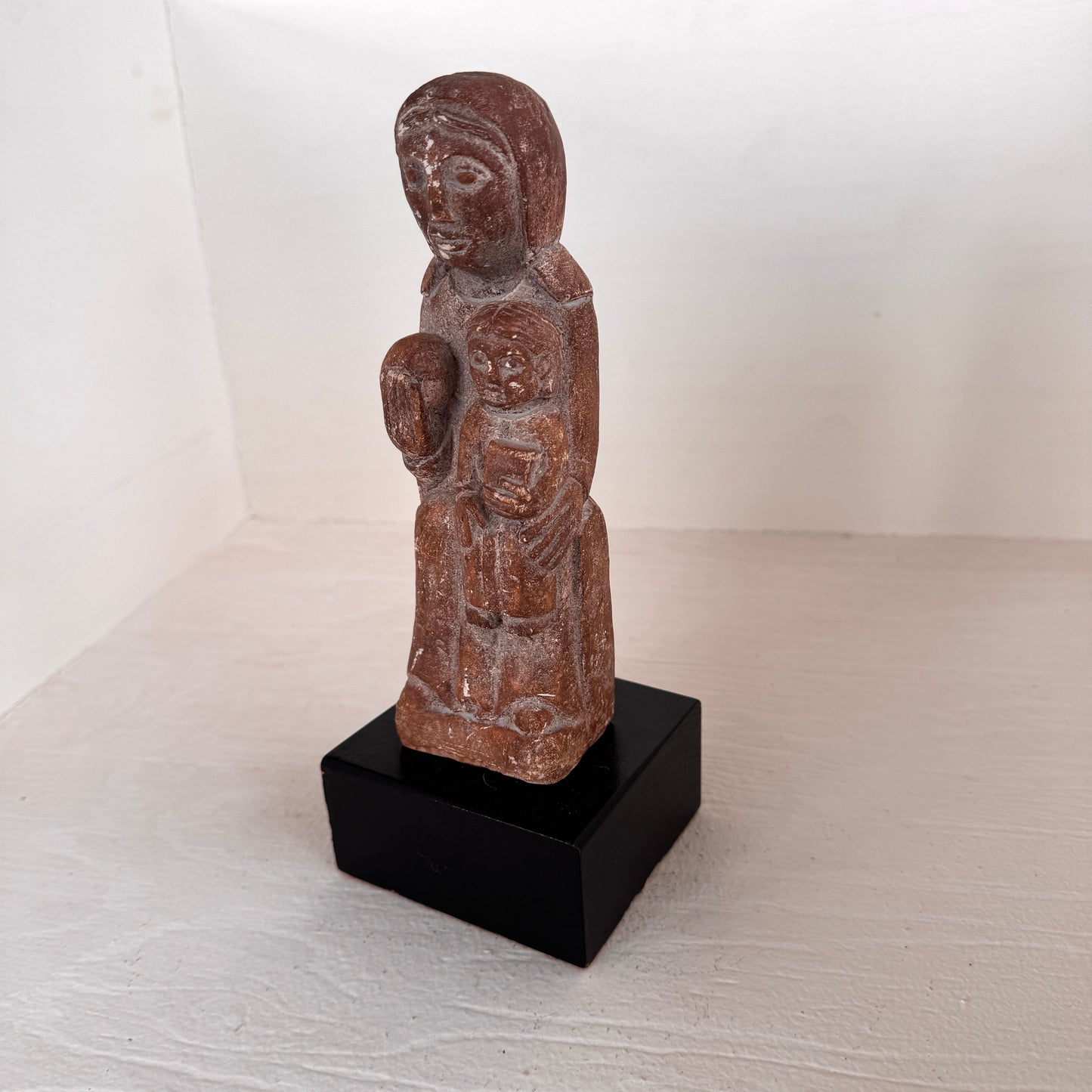 Vintage Aztec Style Mother & Child Statue – Hand Carved Look – Rustic Terracotta Figurine on Base