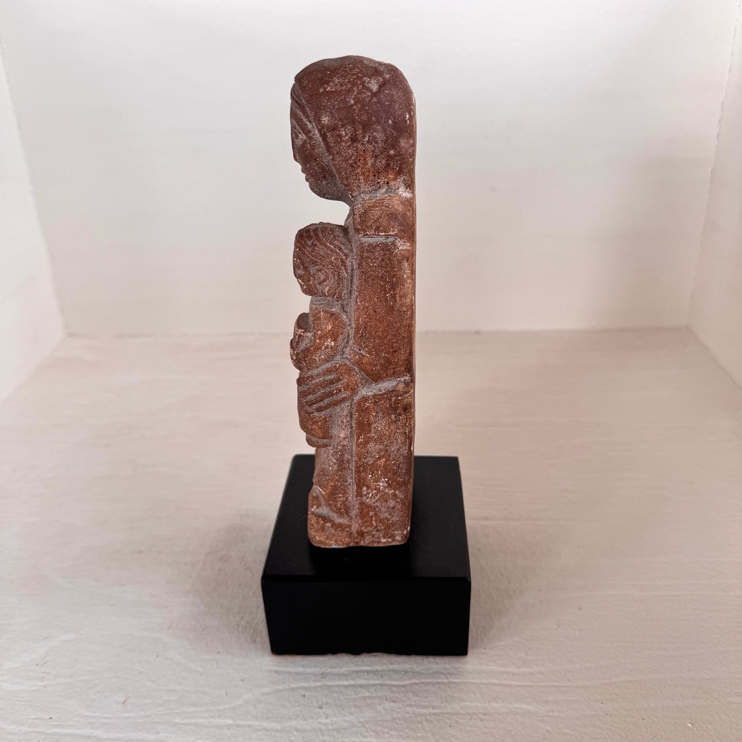 Vintage Aztec Style Mother & Child Statue – Hand Carved Look – Rustic Terracotta Figurine on Base