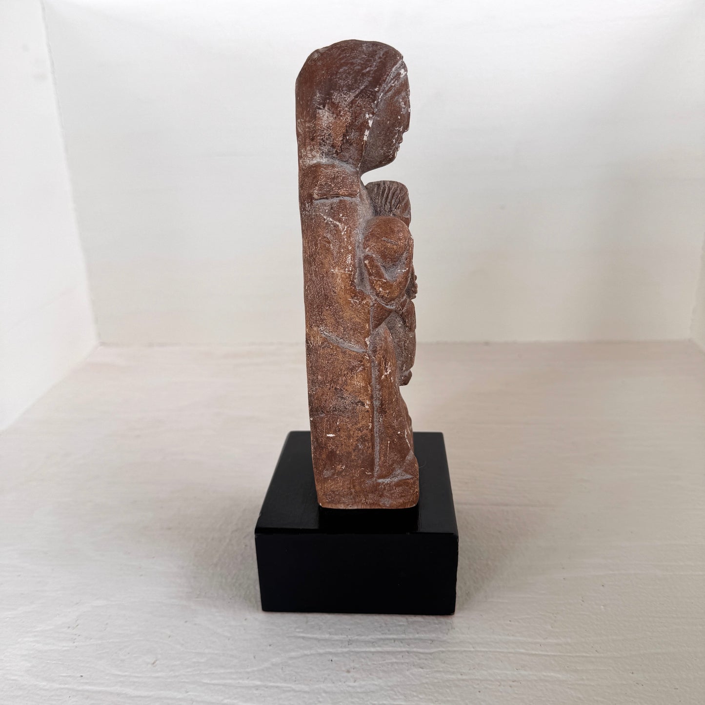 Vintage Aztec Style Mother & Child Statue – Hand Carved Look – Rustic Terracotta Figurine on Base