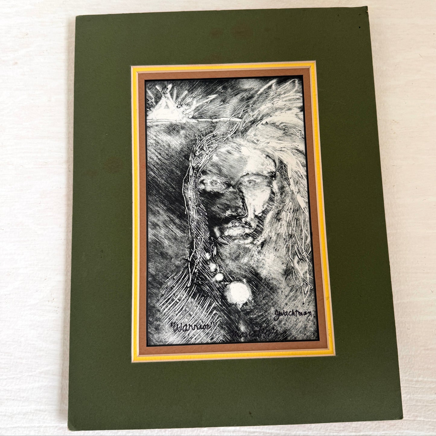 Vintage Warrior Watchman Spiritual Art Print Matted Black White Portrait