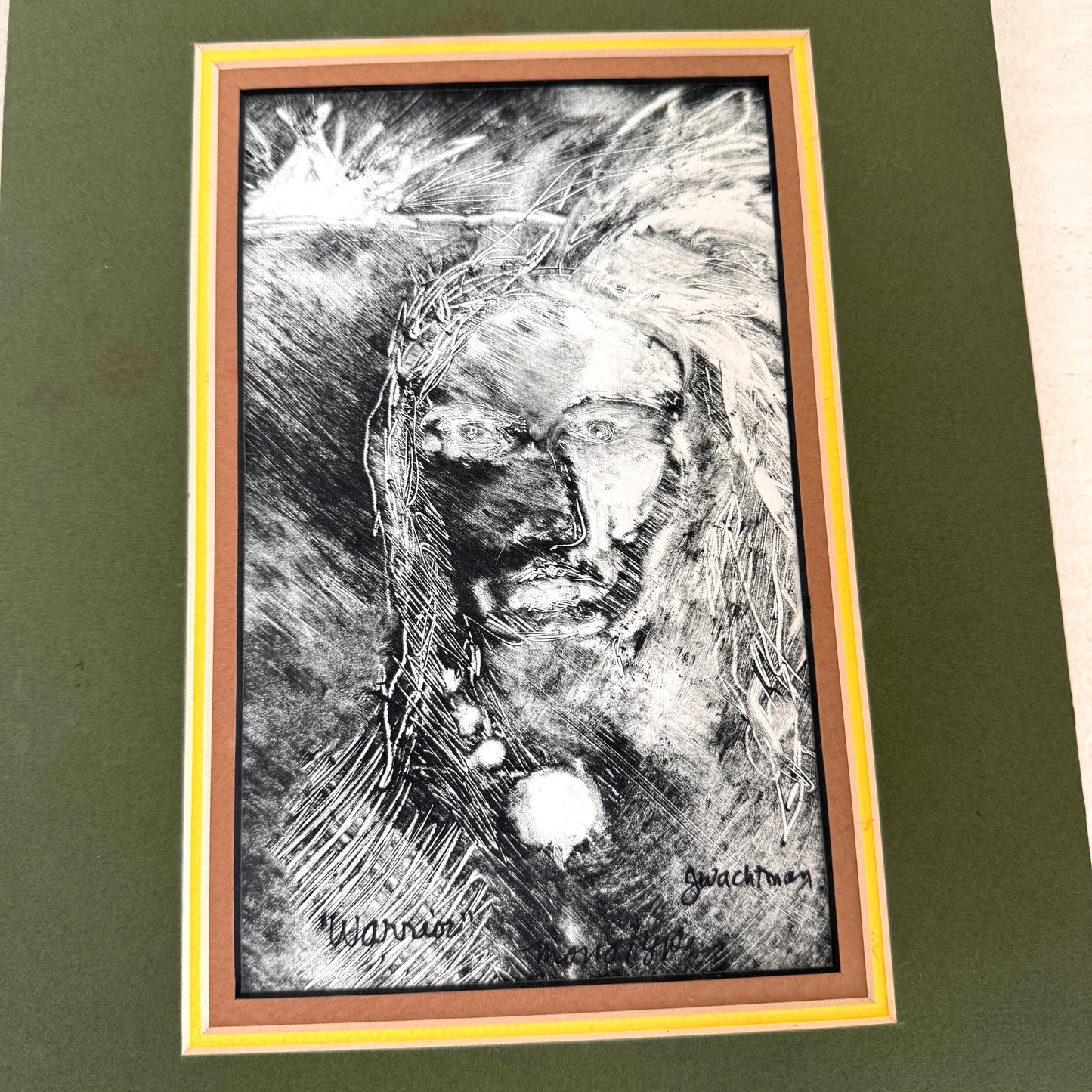 Vintage Warrior Watchman Spiritual Art Print Matted Black White Portrait