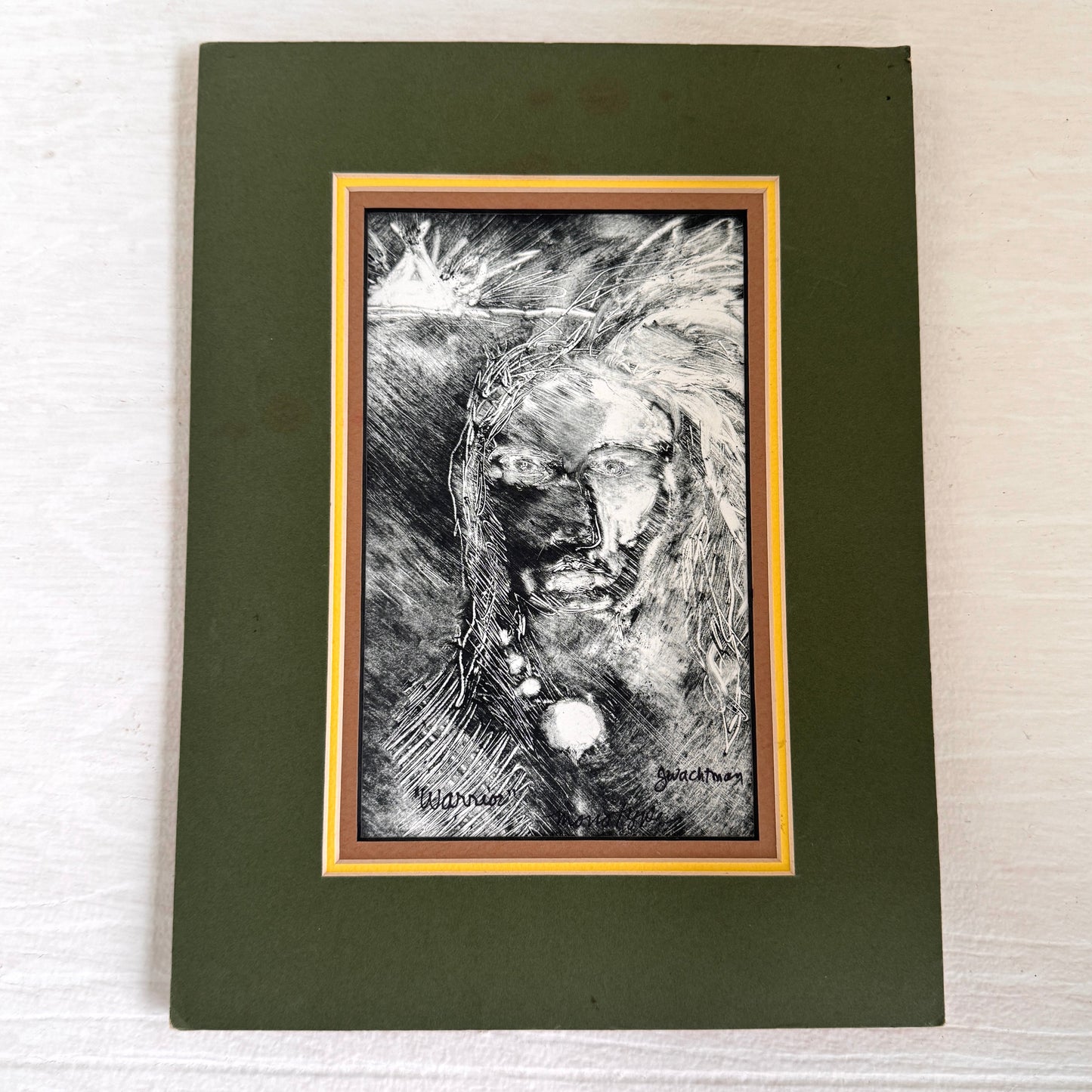 Vintage Warrior Watchman Spiritual Art Print Matted Black White Portrait