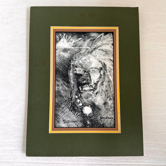 Vintage Warrior Watchman Spiritual Art Print Matted Black White Portrait