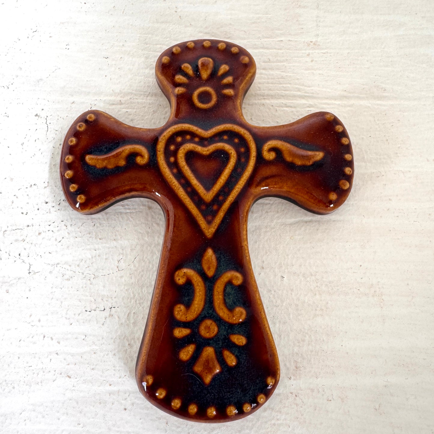 Handcrafted Ceramic Wall Cross Set Brown Glazed Religious Wall Decor Folk Art